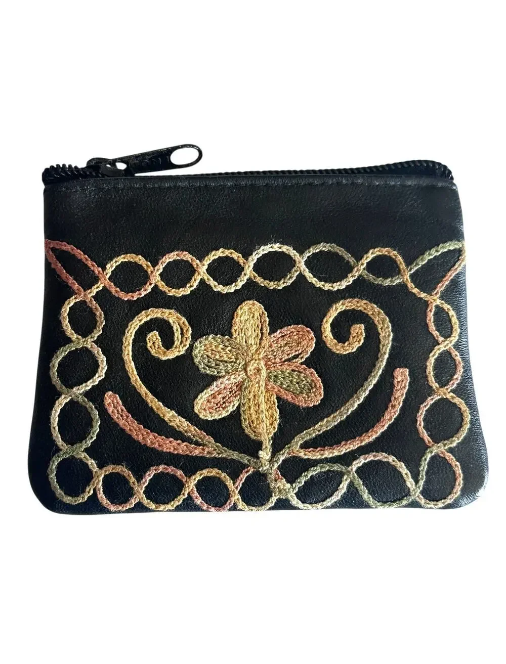 Embroidered Coin Purse Black Faux Leather Soutache Kashmiri Aari Work